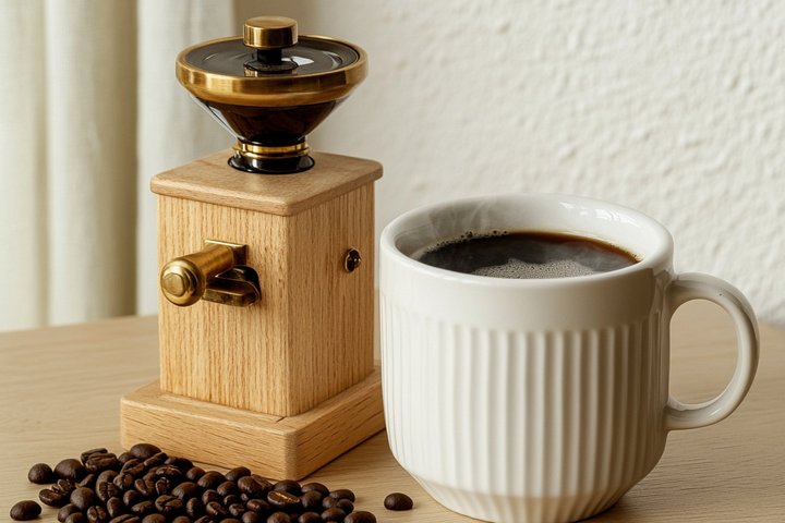 手挽きのコーヒーミルと淹れたての珈琲、焙煎した豆