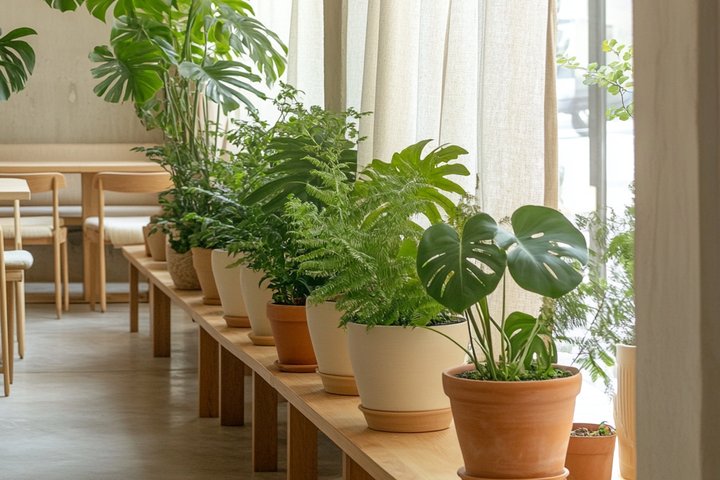 窓辺のオーク材のベンチに並ぶ観葉植物